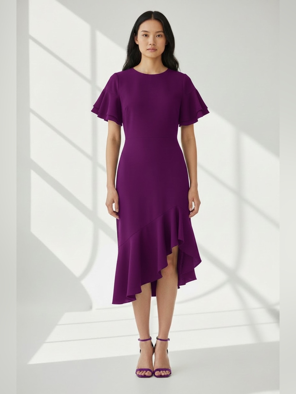 NWT Black Halo Ruiz Magenta purple Ruffle midi dress puff cap sleeve modest 2